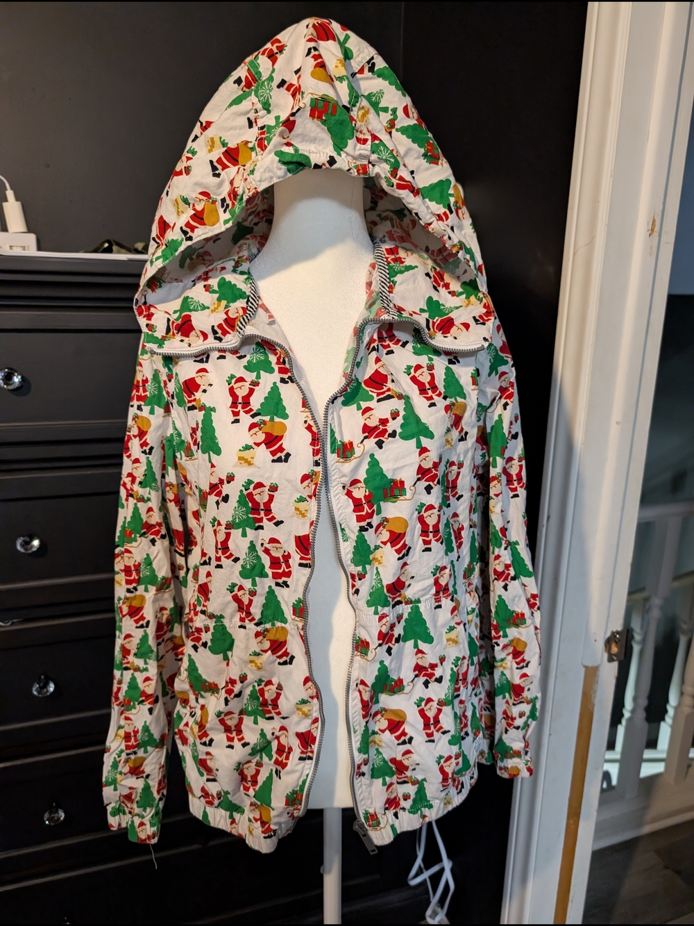 Denim & Flower White Hooded Raincoat with Red Santa & Green Tree Print